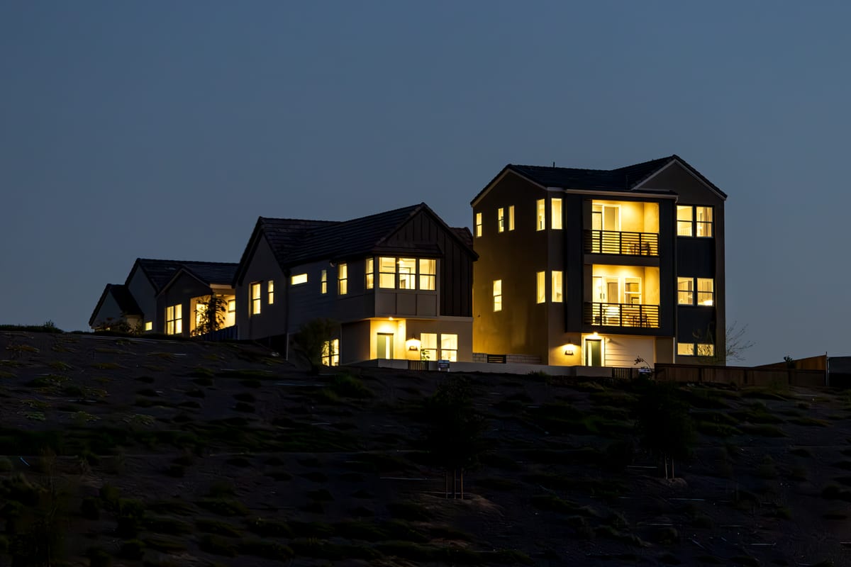 Modern home exterior at dusk